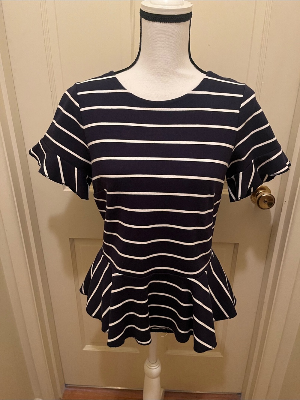 Women's J. Crew Navy And White Stripe Peplum Blouse Top Nautical Size M